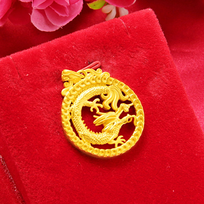 中国风古盘龙沙金吊坠男女情侣款时尚镀24k黄金diy项链饰品礼物