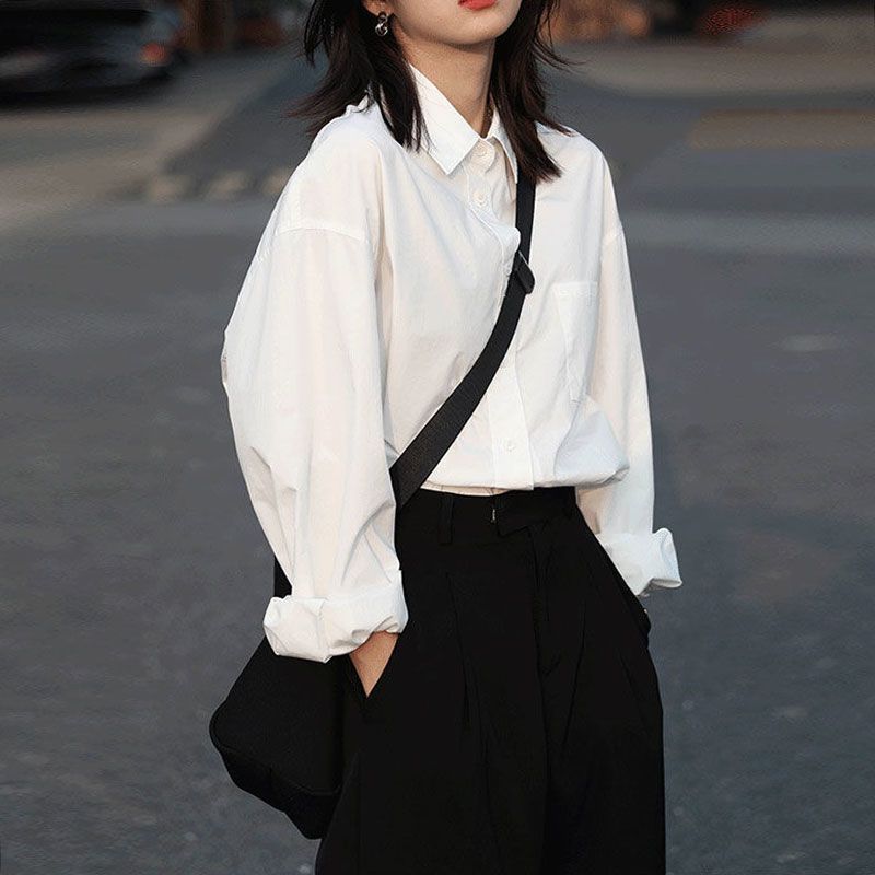 2022春秋新款白衬衫女韩版宽松内搭外穿上衣百搭休闲长袖白色衬衣