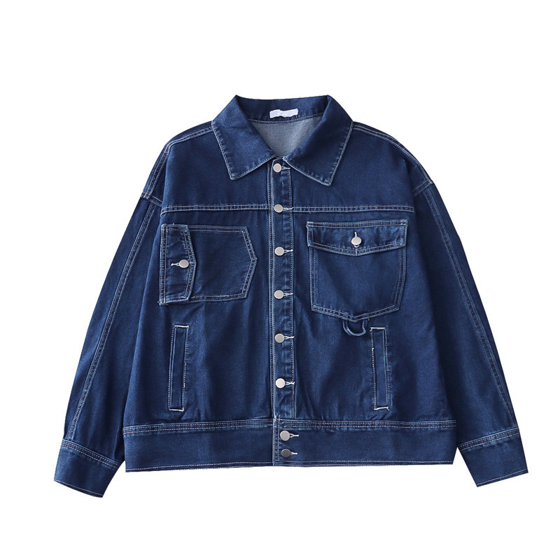 设计感多口袋复古深蓝色水洗牛仔外套夹克女少年感穿搭