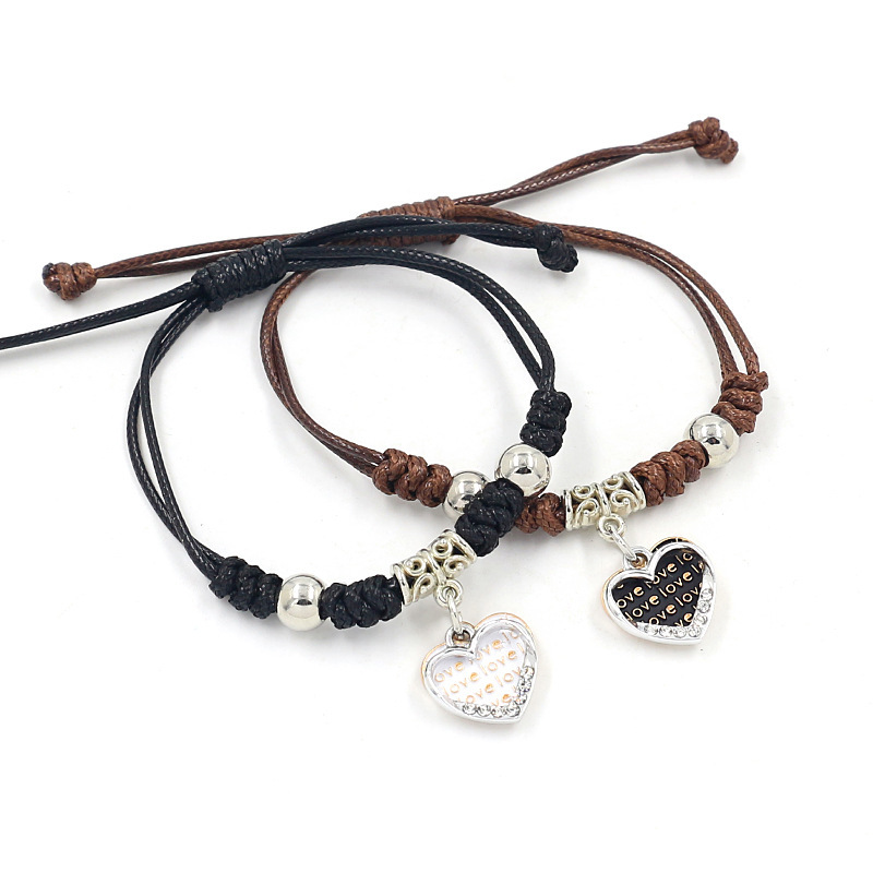 韩版时尚微镶心形手链 复古手工编织双桃心吊坠手绳情 侣学生手饰