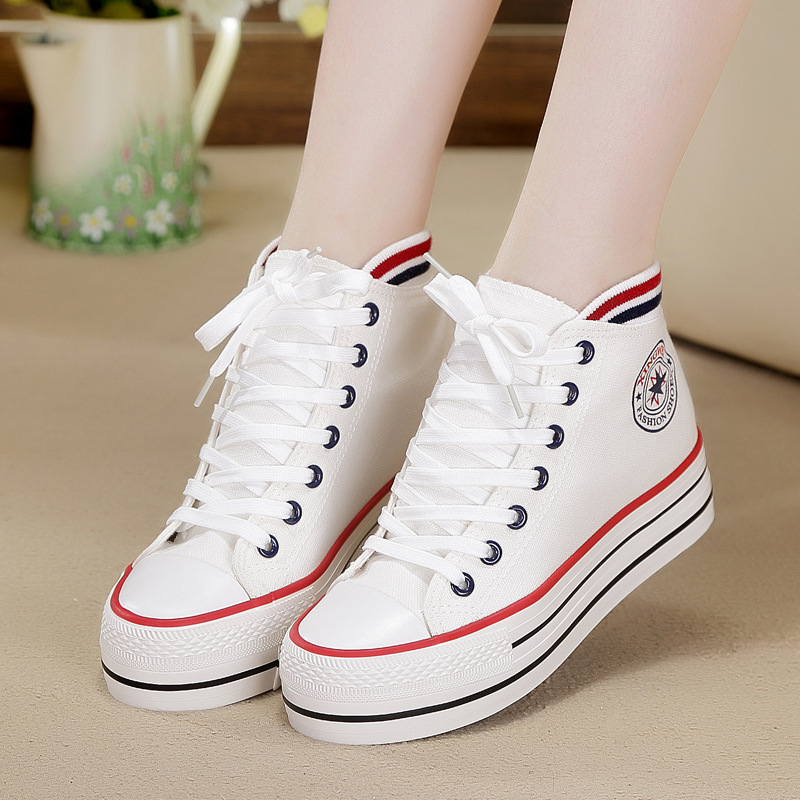 香港白松糕布鞋女鞋高邦休闲鞋学生厚底帆布鞋高腰板鞋内增高球鞋