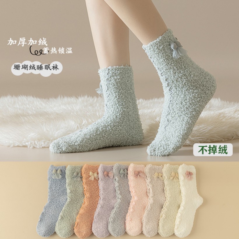 Autumn and Winter Thickening Velvet Coral Fleece Women's Socks Mid-Calf Terry-Loop Hosiery Warm Sleep Towel Bow Floor Socks