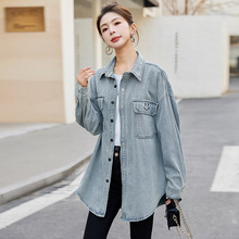 牛仔衬衫女2024春季韩版复古中长款设计感内搭叠穿衬衣外套