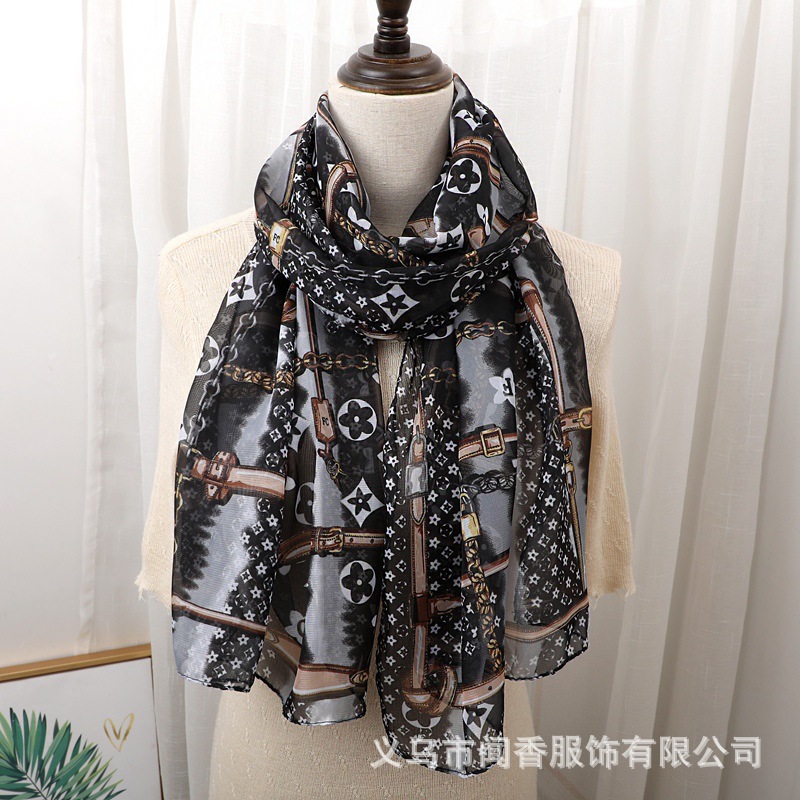 Autumn and Winter Letter Scarf Women's Fashion Fashion Presbyopic Chain Chiffon Scarf Ol Commuter Professional Neck Scarf Gauze Kerchief