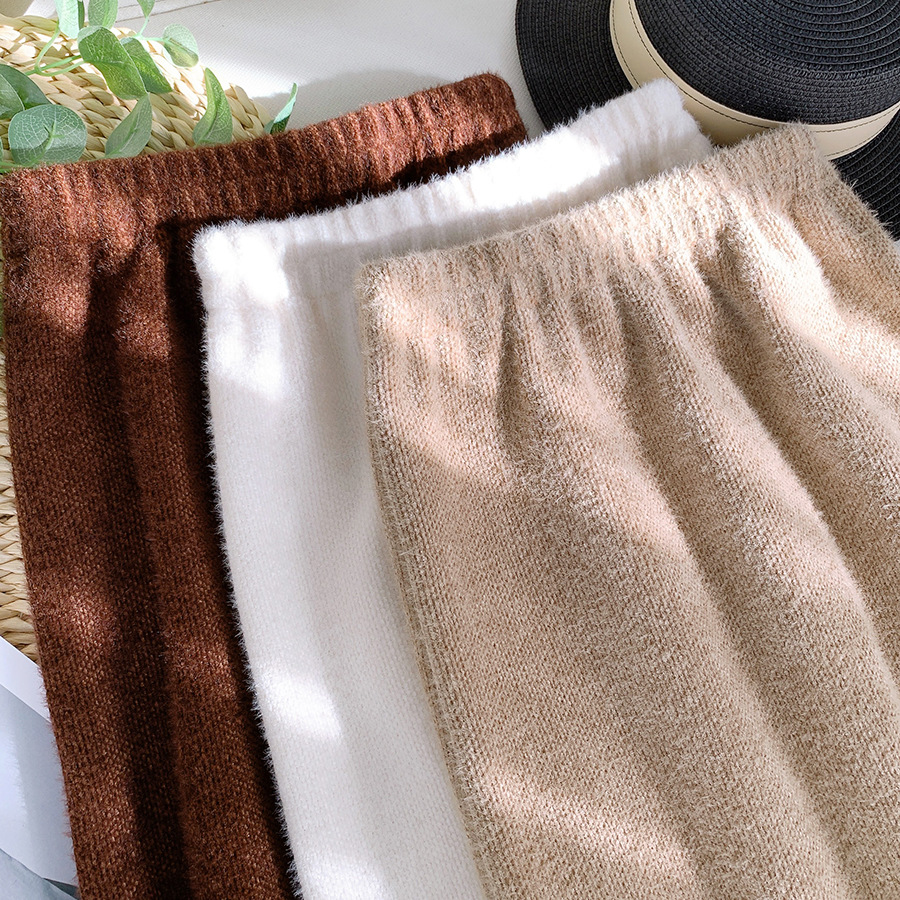 水豹绒半身裙加厚冬季半身裙女中长款开叉休闲裙针织包臀打底裙