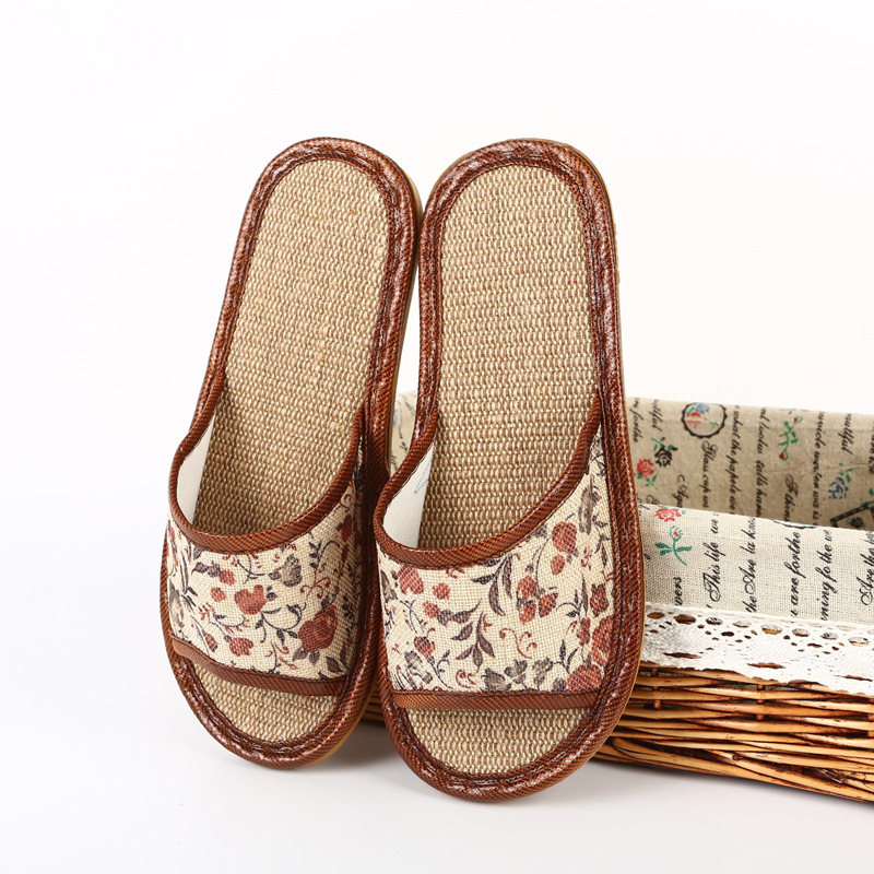 夏季竹编藤草情侣凉席拖鞋室内防滑底亚麻男家用女无声吹气底
