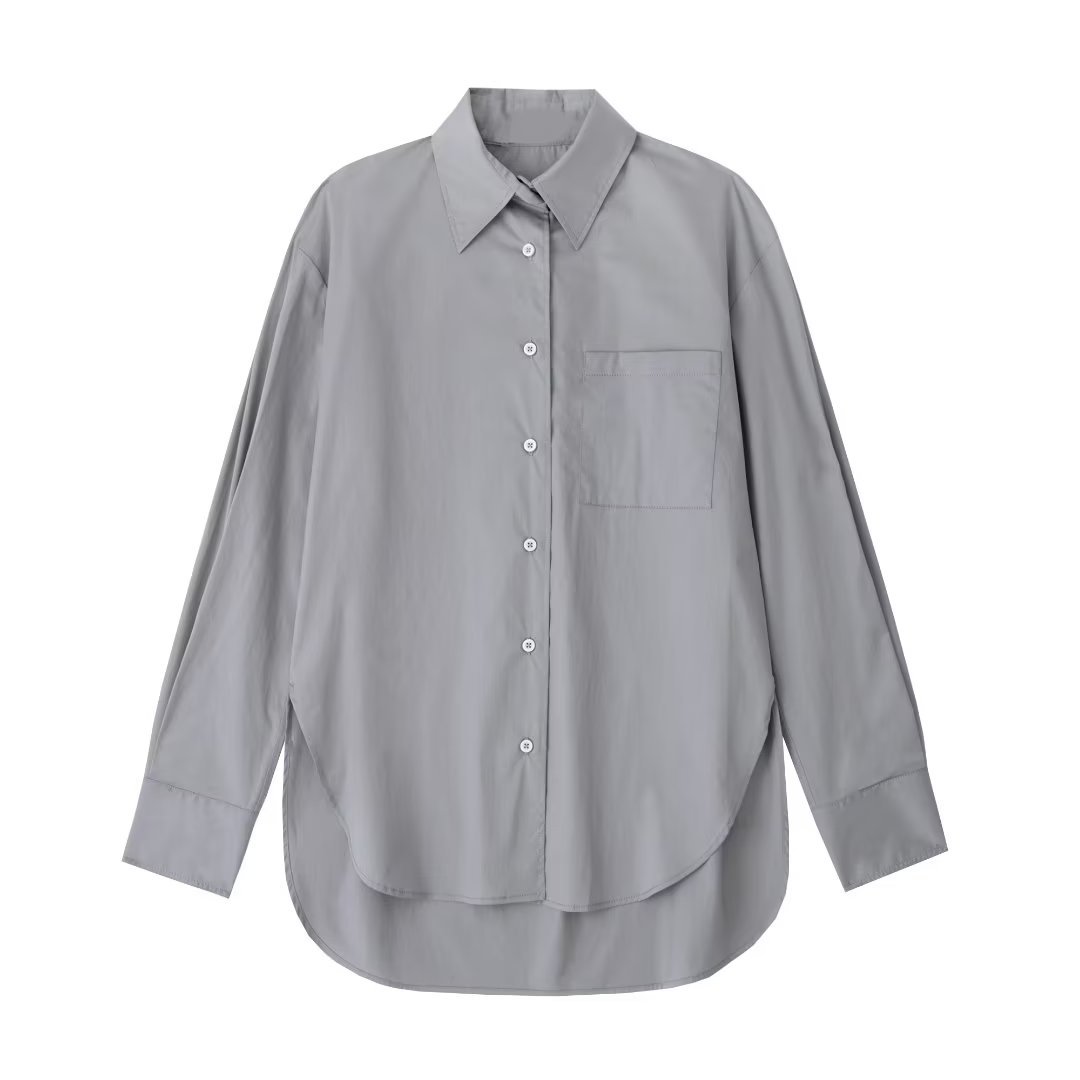 2023春季ins女装长袖灰色府绸宽松衬衫
