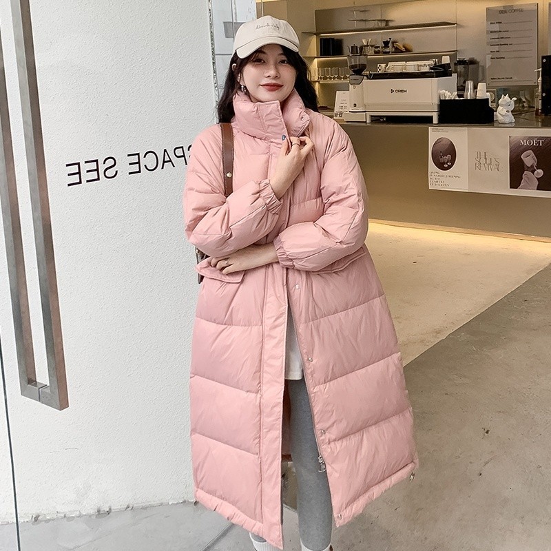 Long below the Knee Stand Collar Pink down Jacket Women's Mid-Length 2023 Winter New Loose Thick Puffer Jacket Coat Women