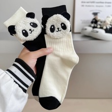 秋新欧货小众袜子黑白拼色奶牛立体熊猫潮流男女运动外穿棉中筒袜