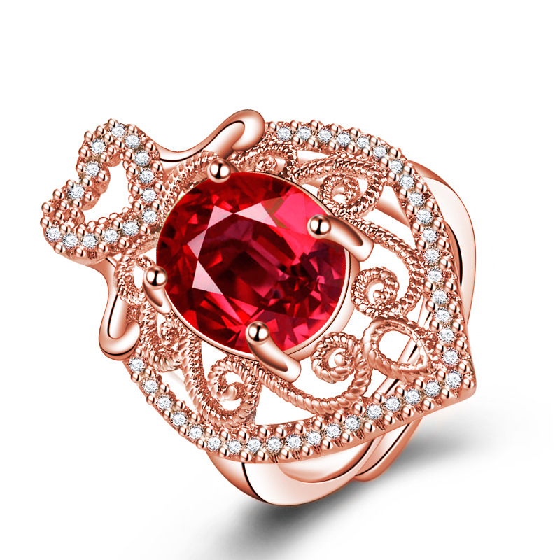 镂空花纹爱心形红宝石戒指 开口红刚玉桃心水瓶形戒指红锆石戒指
