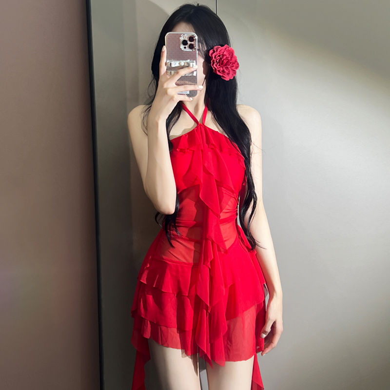 纯欲风辣妹荷叶边网纱连体裙式游泳衣女红色显白遮肉显瘦小胸新款