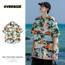 ACU男装|2024夏季新品短袖衬衫夏威夷国条纹满印潮宽松沙滩花衬衣