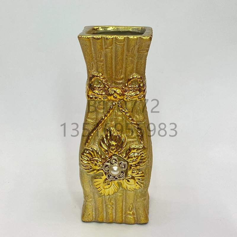 Sandy Gold Inlaid Beads Ceramic Vase 10-Inch 25cm High-End Modern Living Room Home Ornaments Flower Pot Wholesale