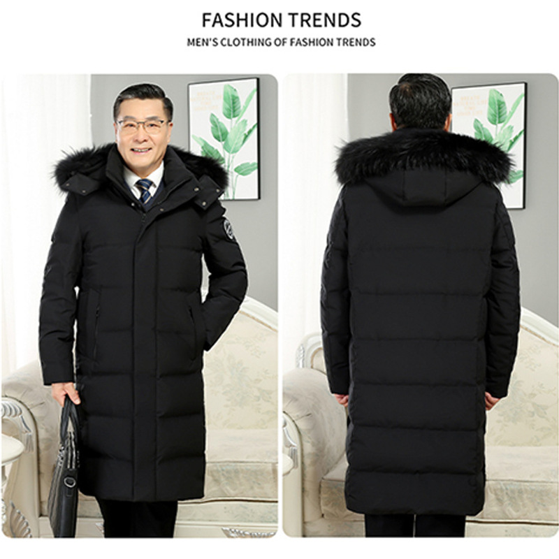 Dad Winter Clothes Middle-Aged and Elderly down Jacket Men's Overknee Long Thickened Cold Protection Fur Collar Hood Casual Parka Jacket