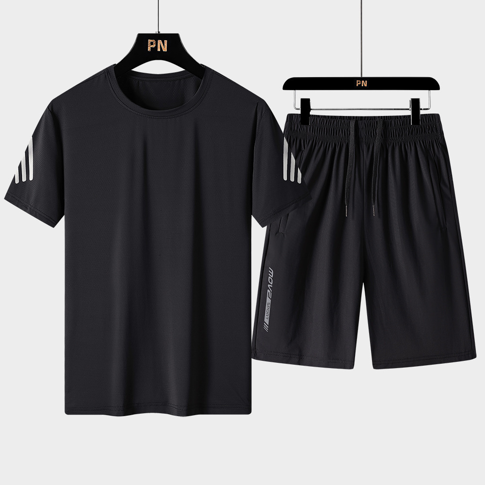 夏季新薄款短袖套装男冰丝透气套装t恤五分裤休闲运动短裤男套装
