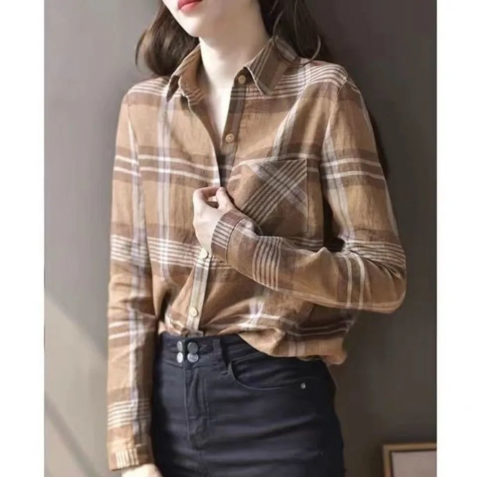 格子衬衫女上衣长袖宽松港味复古春秋百搭休闲韩版衬衣设计感外套