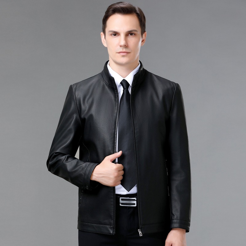 Autumn and Winter High-End Haining Sheep Leather Men's Middle-Aged Business Leisure Men's Leather Jacket Velvet Stand Collar Men's Coat