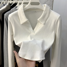 polo领纯欲风短款长袖T恤女秋季新款辣妹设计感内搭白色打底上衣