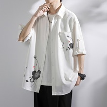 冰丝短袖衬衫男士夏季薄款新中式男装中国风竹子七分袖衬衣服