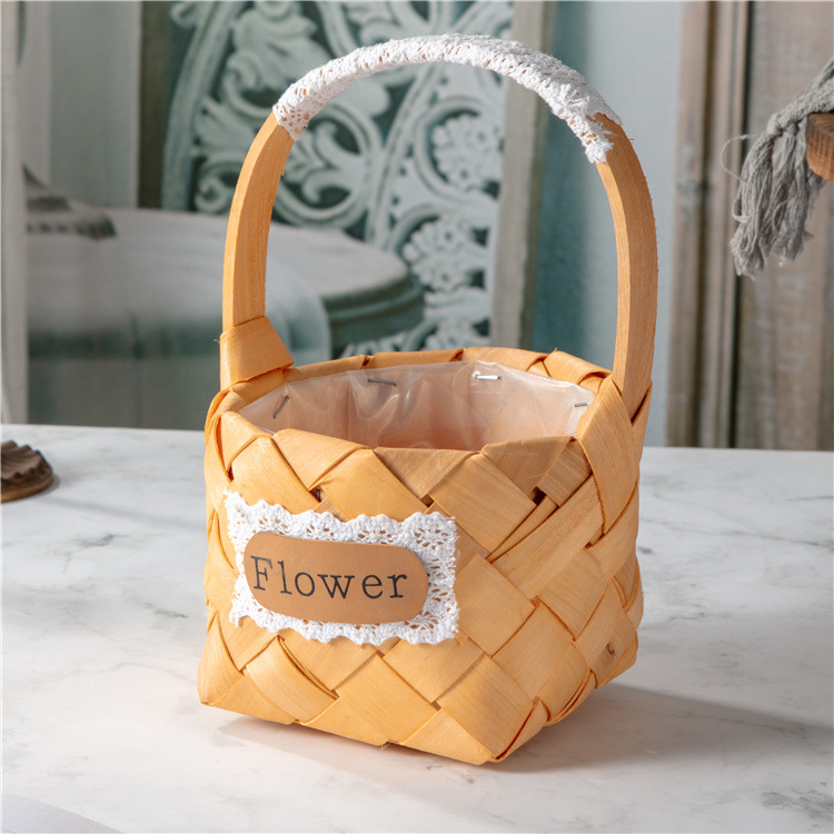 Bamboo Woven Wooden Basket Festival Flower Basket Flower Device Willow Woven Hand-Held Small Flower Basket Woven Flower Arrangement Basket Hand Gift Noble Basket