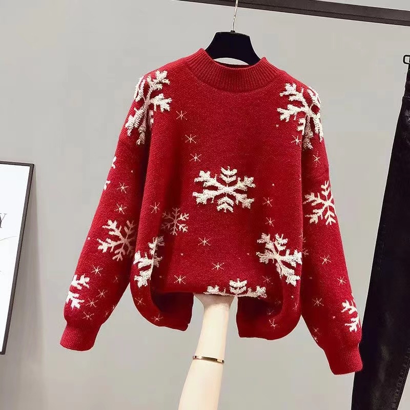 针织毛衣女套头打底衫内搭秋冬新款慵懒风新年红色圣诞跨境洋气潮