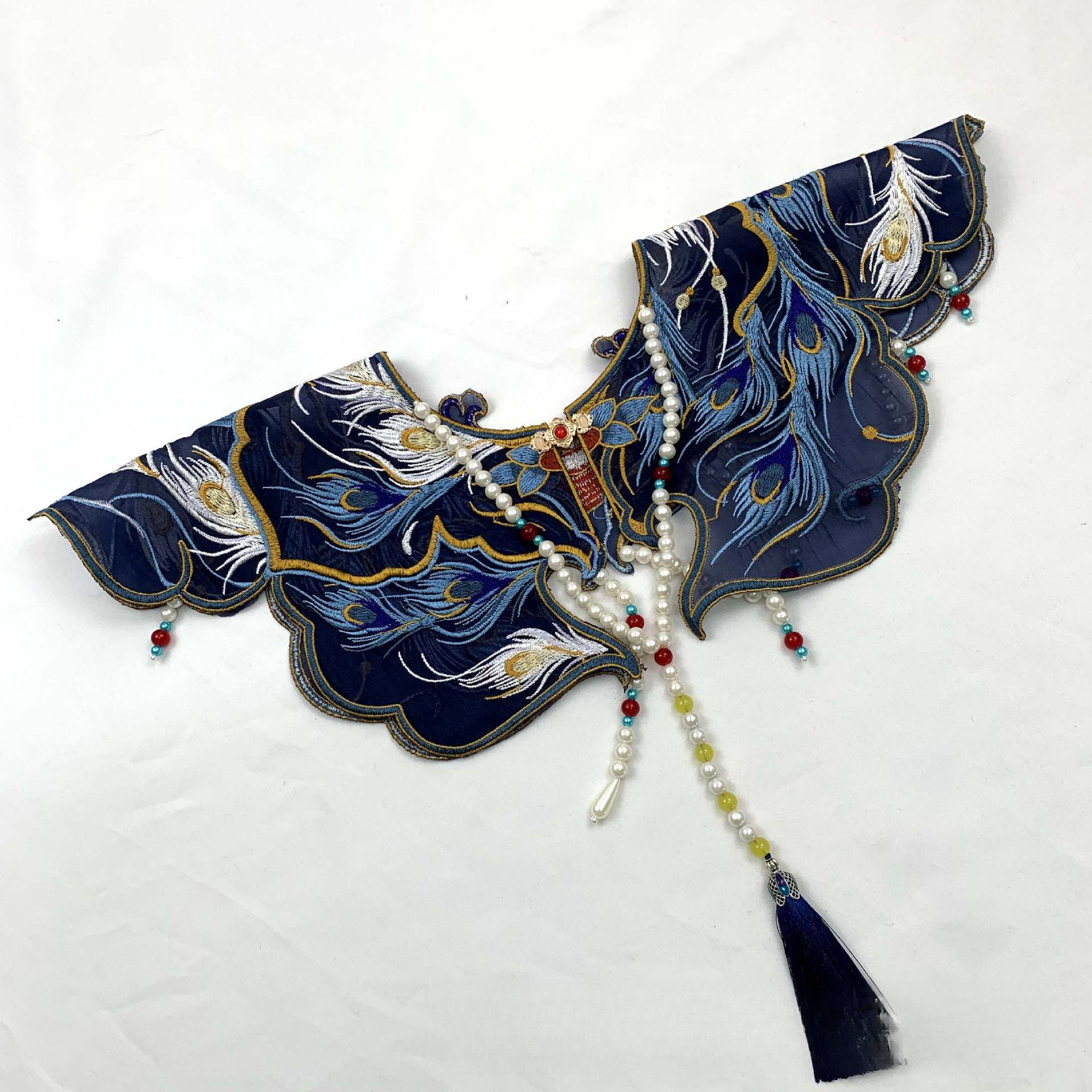 云肩蓝色孔雀珍珠辅料流苏盘子云肩汉服民国风披肩默认订货涤纶