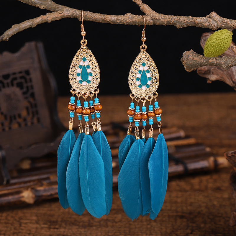 Multicolored Tassel Earrings European and American Water Drop Feather Earrings Women's Long Bohemian Tassel Earrings Earrings