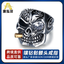 厂家热销欧美霸气镶钻骷髅头钛钢戒指 个性朋克男士戒指饰品HZ027