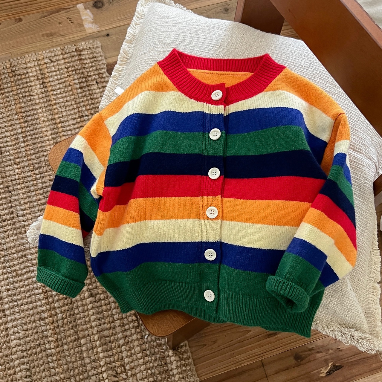 Korean Children's Clothing Boys and Girls Rainbow Striped Sweater 2023 Autumn New Medium and Large Children's Long Sleeve Knitted Tup Cardigan