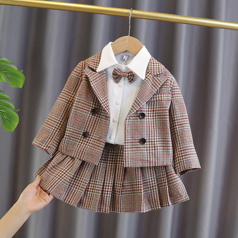 女童西装三件套装春秋女宝宝洋气时髦1春季婴儿童春装格子衣服3岁