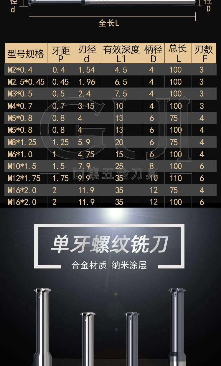 65度整体钨钢加长单牙螺纹铣牙刀 合金单齿内外螺纹