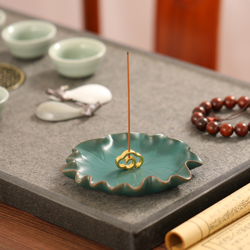 创意祥云香插香座线香炉荷叶托盘家用香薰炉檀香炉茶道摆件沉香炉