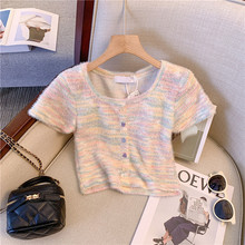 设计感彩虹条纹方领短款上衣女夏季甜辣妹修身显瘦针织短袖T恤女