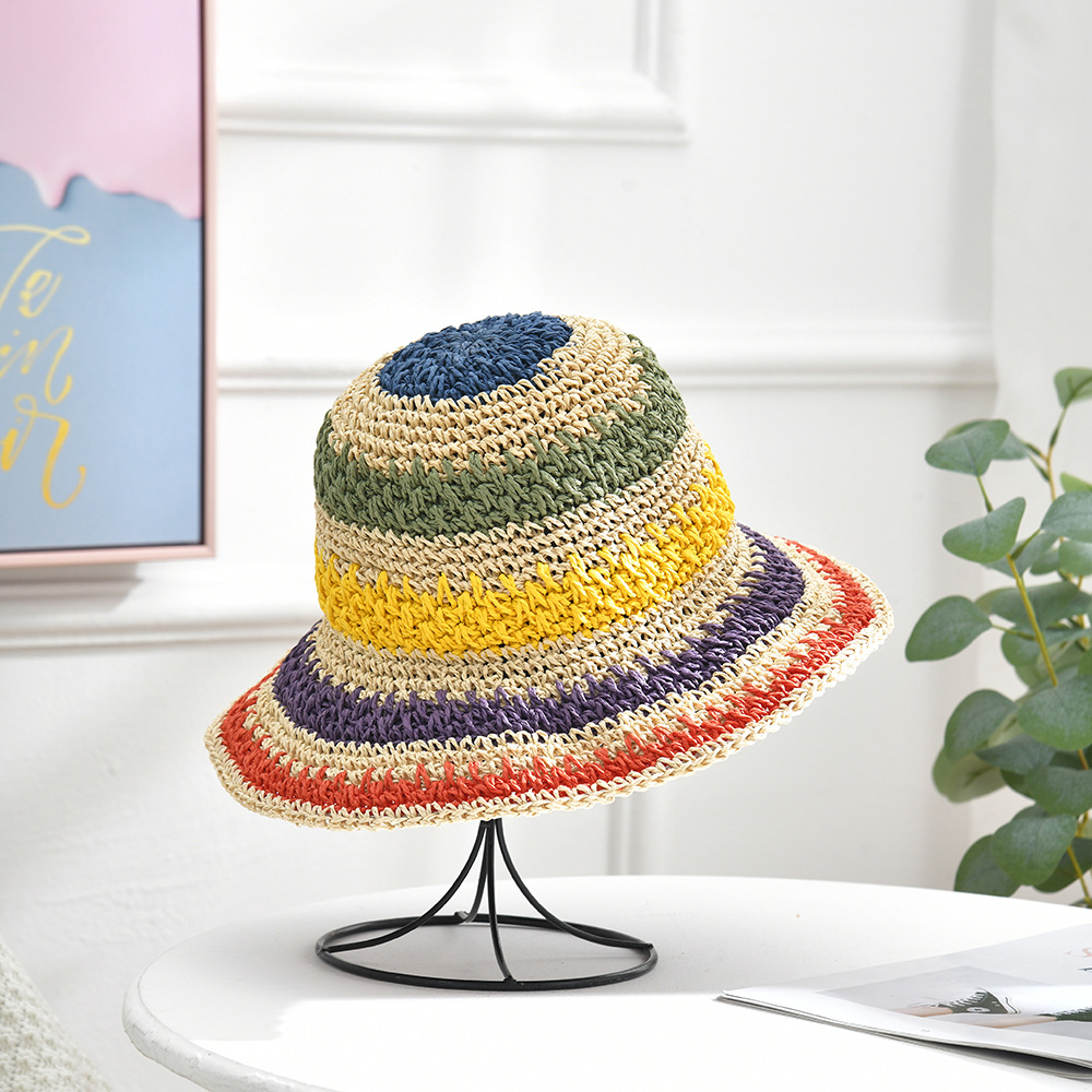 Straw Hat Female Beach Sun-Proof Sunscreen Large Brim Hat Sun Hat Foldable Outing Seaside Vacation Summer Bucket Hat Children