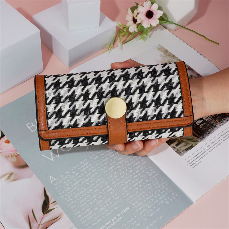 Factory Direct Sales New Ladies' Purse Three Fold Houndstooth Hasp Clutch Multiple Card Slots Fashion All-Match Long