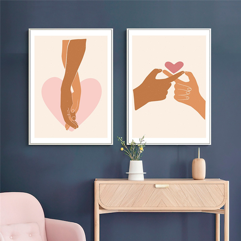浪漫情侣手牵手帆布画芯北欧抽象线条艺术海报现代客厅家居装饰画