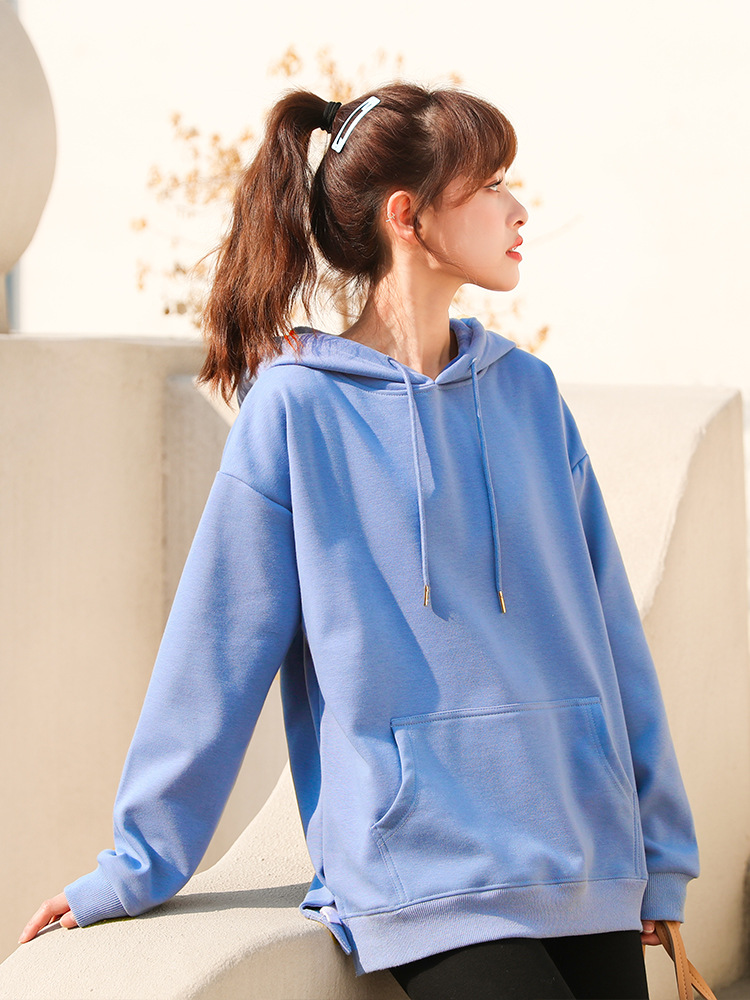 连帽卫衣女2021新款秋冬2021雾霾蓝色宽松韩版加绒加厚湖蓝色外套