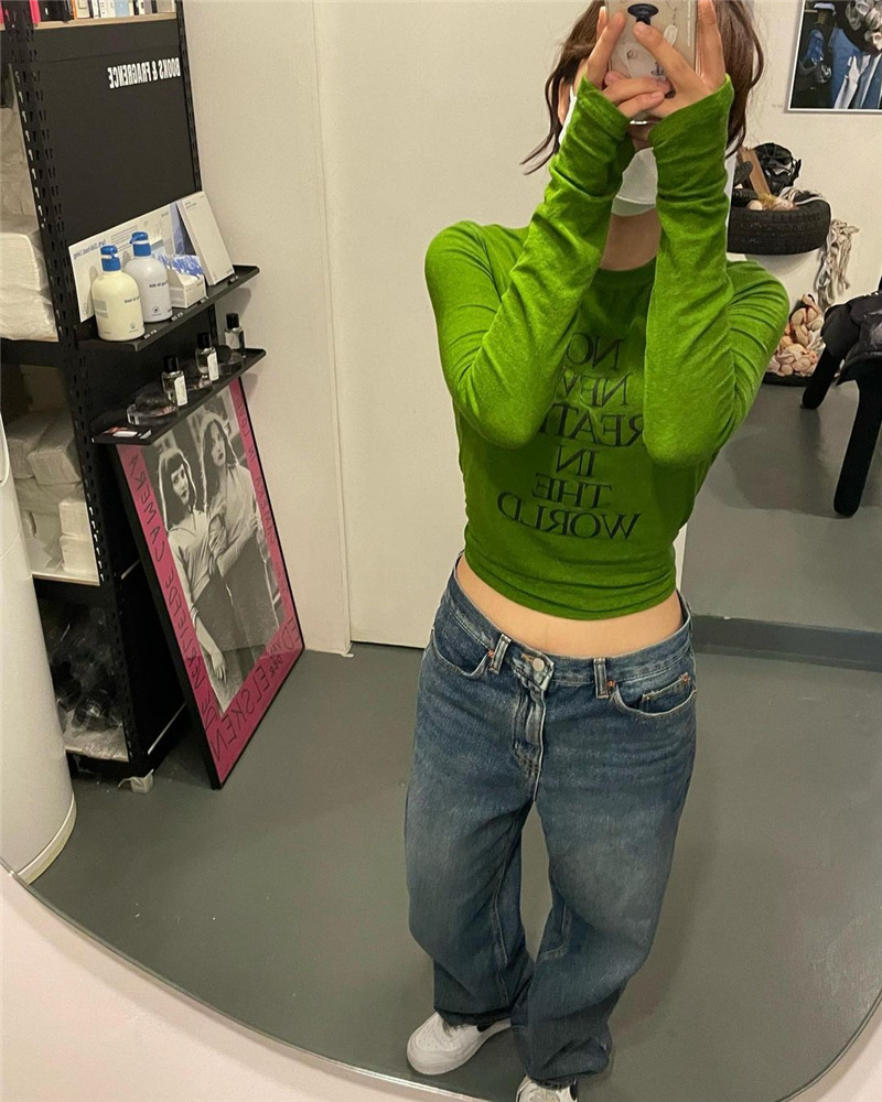 韩国设计师~jennie金智妮同款牛油果绿色英文字母袖套t恤长袖春季