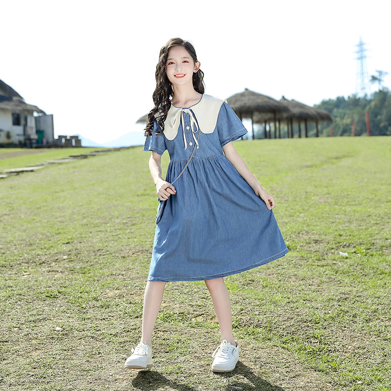 女童牛仔连衣裙2023新款儿童夏季公主裙大童洋气夏装女孩高腰批发