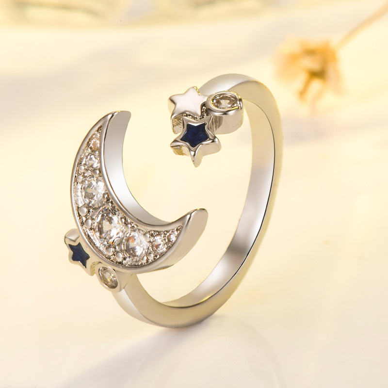 外贸 戒指女蓝色星星月亮开口戒指 女时尚饰品 梦幻星月系列戒指