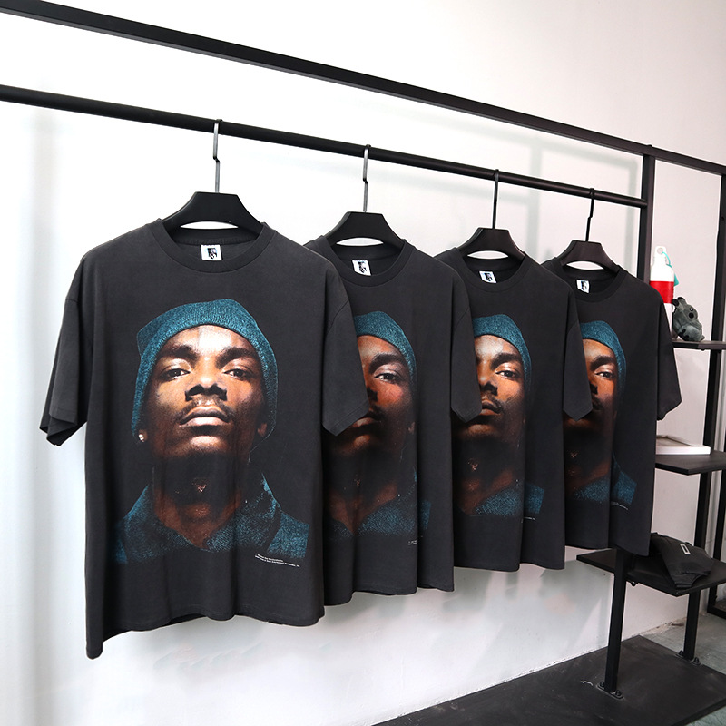 潮牌嘻哈狗爷头像印花水洗短袖t恤