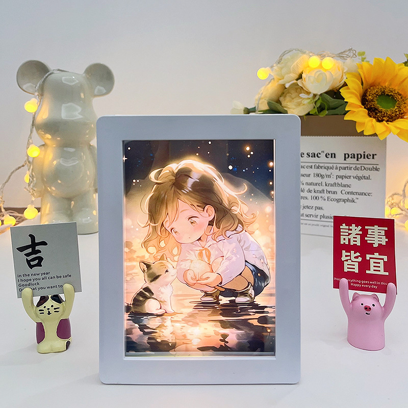 Cross-Border Hot Diy Mirror Light Painting Anime Decorative Painting Photo Frame Pen Holder Small Night Lamp Decoration Birthday Gift