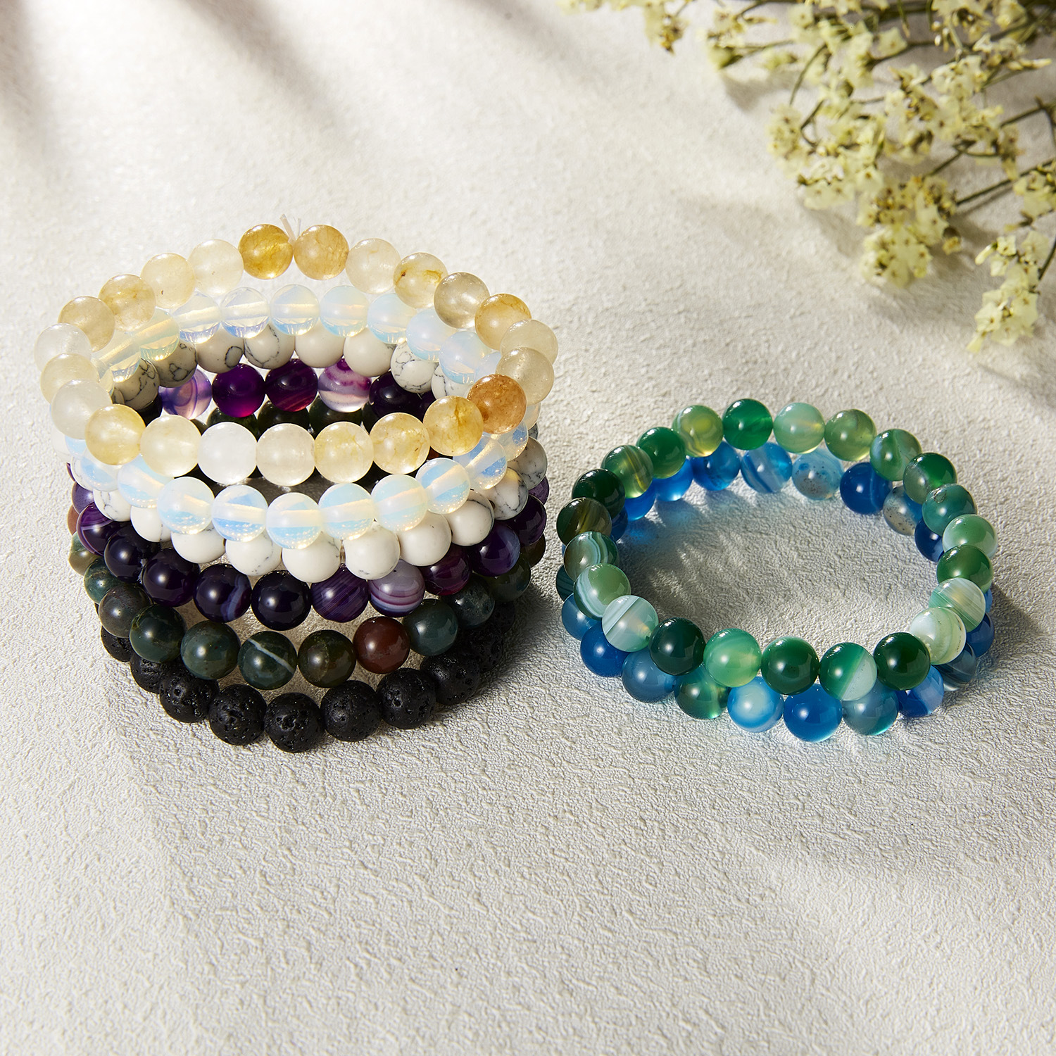 跨境热销款时尚七彩石手链个性百搭紫色条纹玛瑙天然石串珠手链女