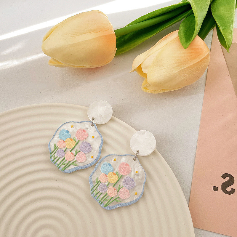 Spring and Summer Sweet Girlish Style Age-Reducing Colorful Flower Acrylic Earrings Japanese and Korean Temperamental Fashion Youth Earrings Ear Clips