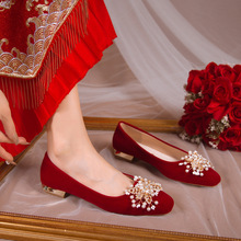 2023年新款平跟秀禾婚鞋新娘鞋水钻粗跟红色高跟鞋女结婚方头单鞋
