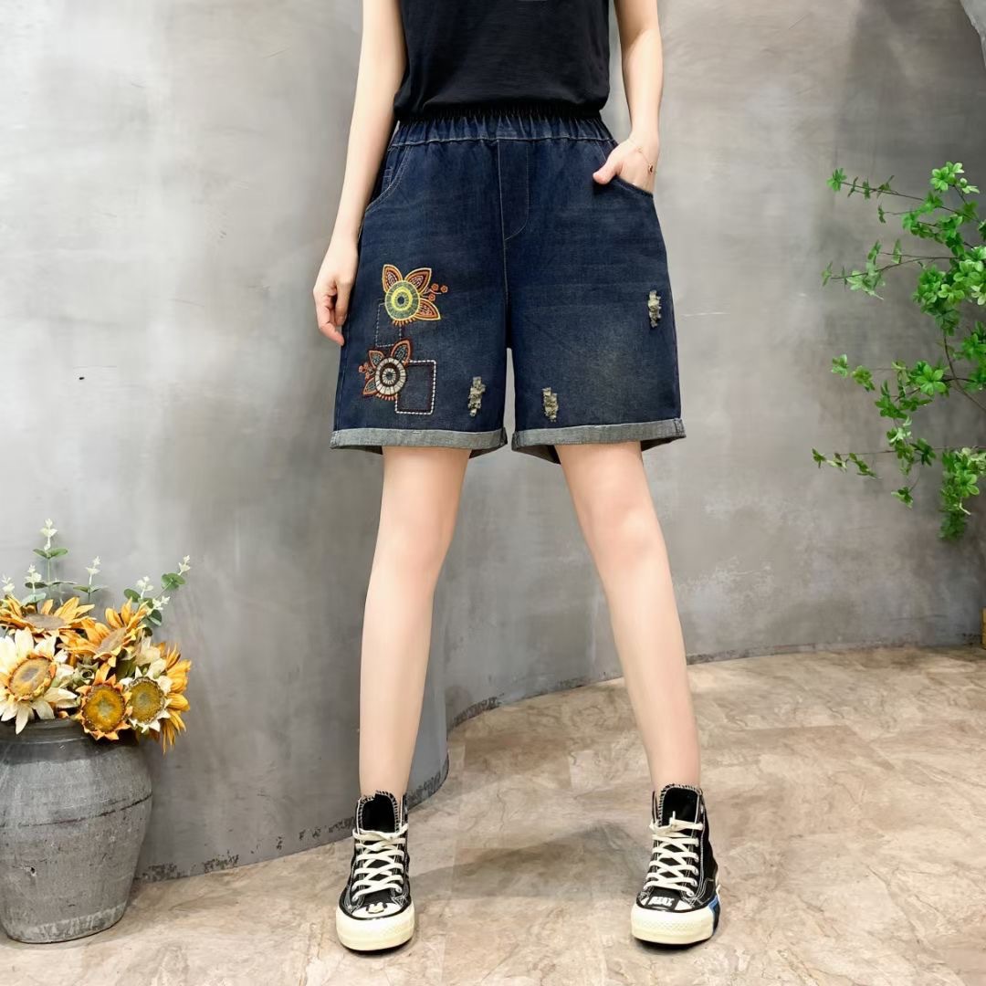 2024夏季新款 牛仔短裤 刺绣松紧腰水洗磨白版型好百搭女士三分裤