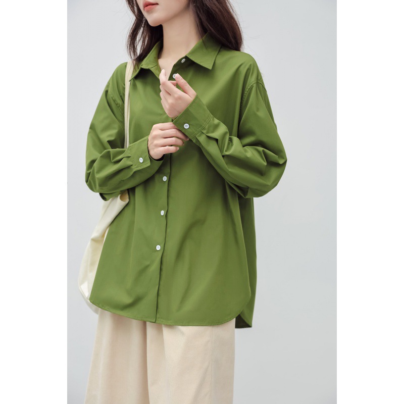 实拍2024新款复古牛油果绿色长袖衬衫上衣女-阿里巴巴