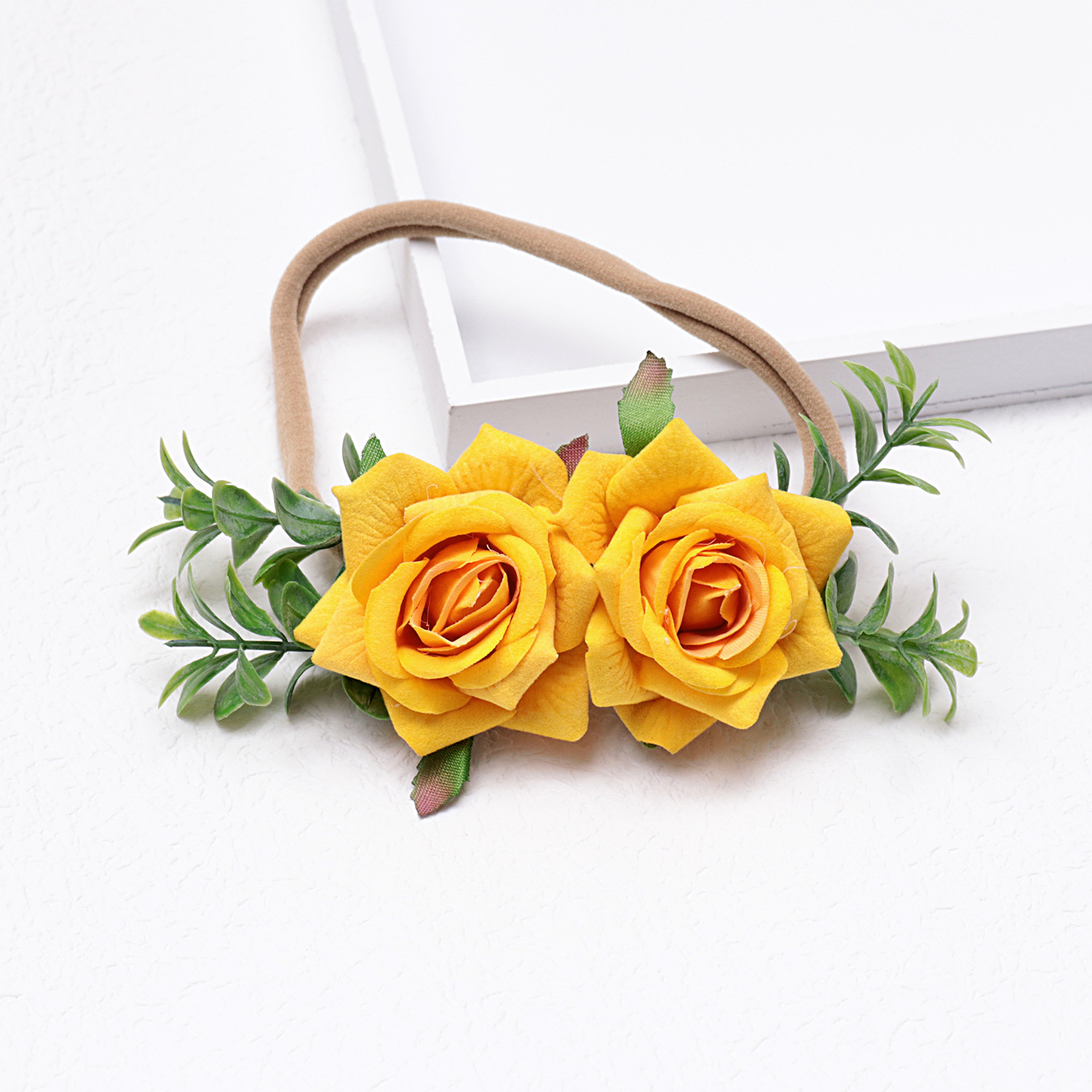 头饰新款绒布玫瑰花发饰 儿童绿植婴儿发带发饰女童宝宝微弹头带