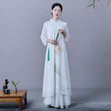 中国夏季风改良系带斜襟禅茶服文艺复古雪纺连衣裙秋季女装