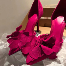 玫红色花朵装饰高跟鞋女2023年春季新款性感百搭法式细跟尖头单鞋